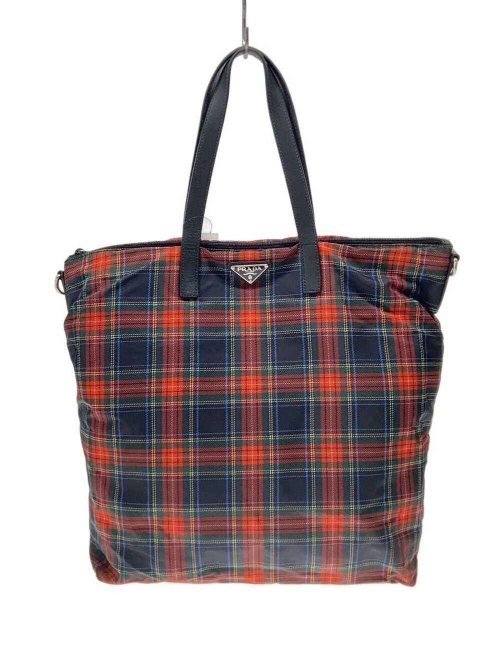Prada Tessuto Stampato plaid tote bag red Blue tartan check dual top handles